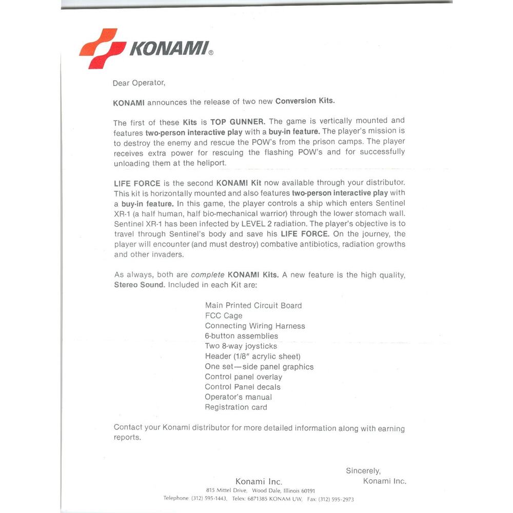 Konami 1985 Top Gunner & Life Force Arcade Conversion Kit Release Letter